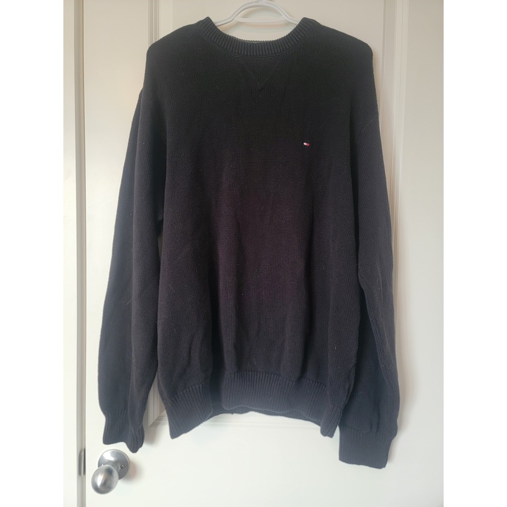 Tommy Hilfiger Mens Black Cotton Knit Crewneck Preppy Sweater Logo Large L